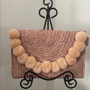 Shiraleah Pink Woven Clutch with Pom Poms